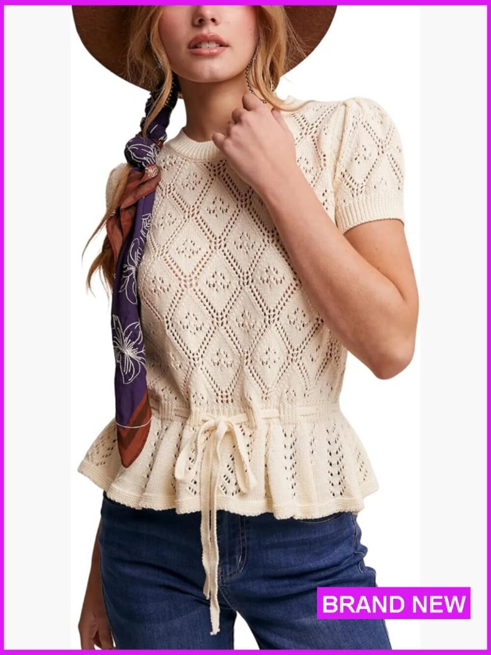 Casual Crochet Knit Sweater Lightweight Hollow Out Tie Front Peplum Top
